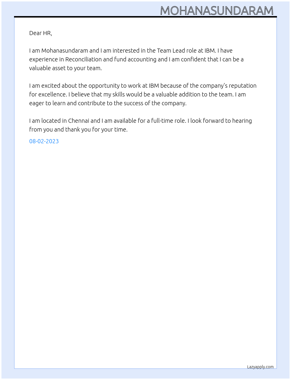 Team lead At IBM Cover Letter