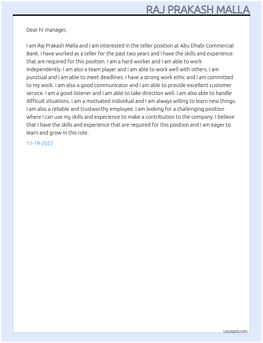 teller At Abu Dhabi Commercial Bank Cover Letter