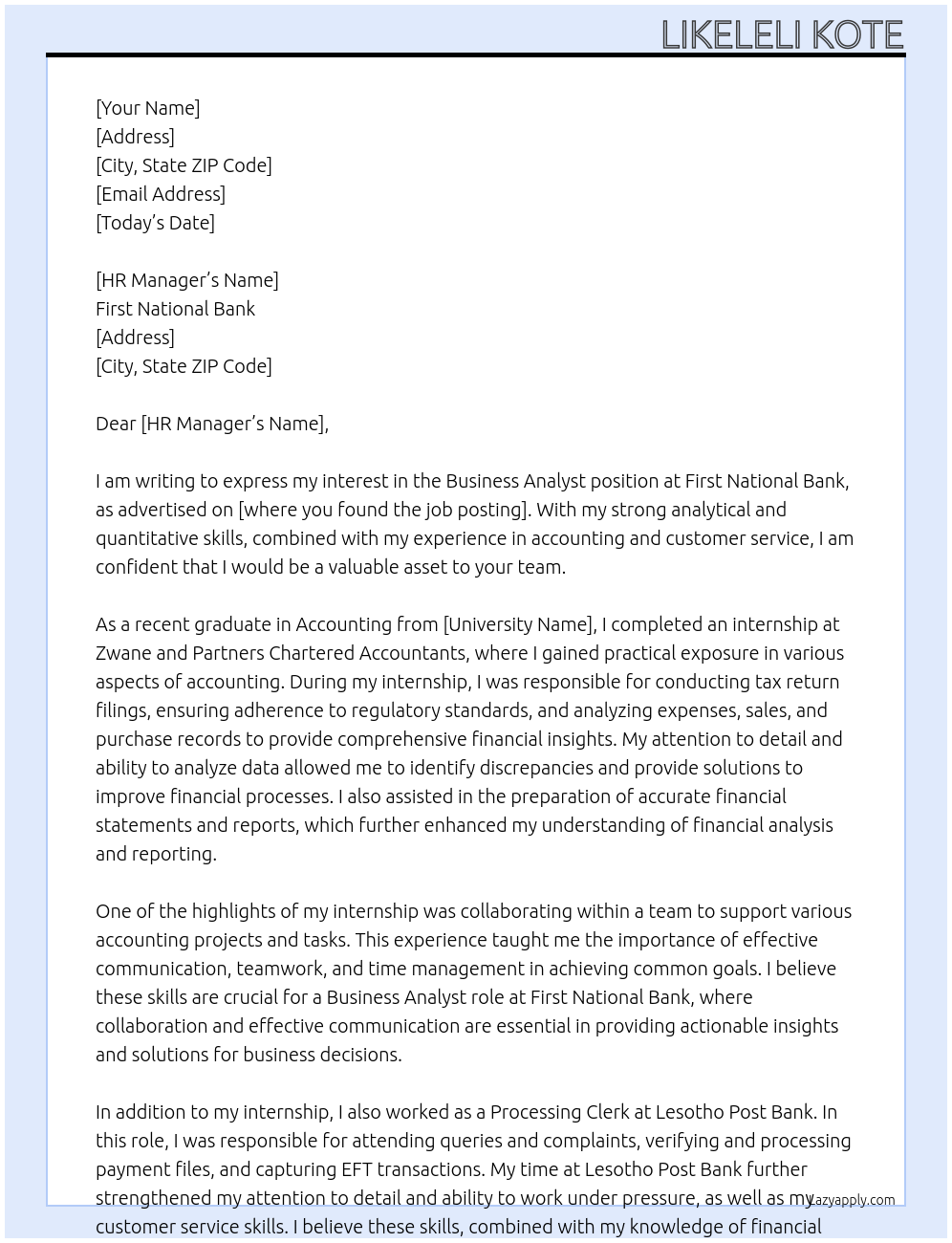 Business Analyst At First National Bank Cover Letter