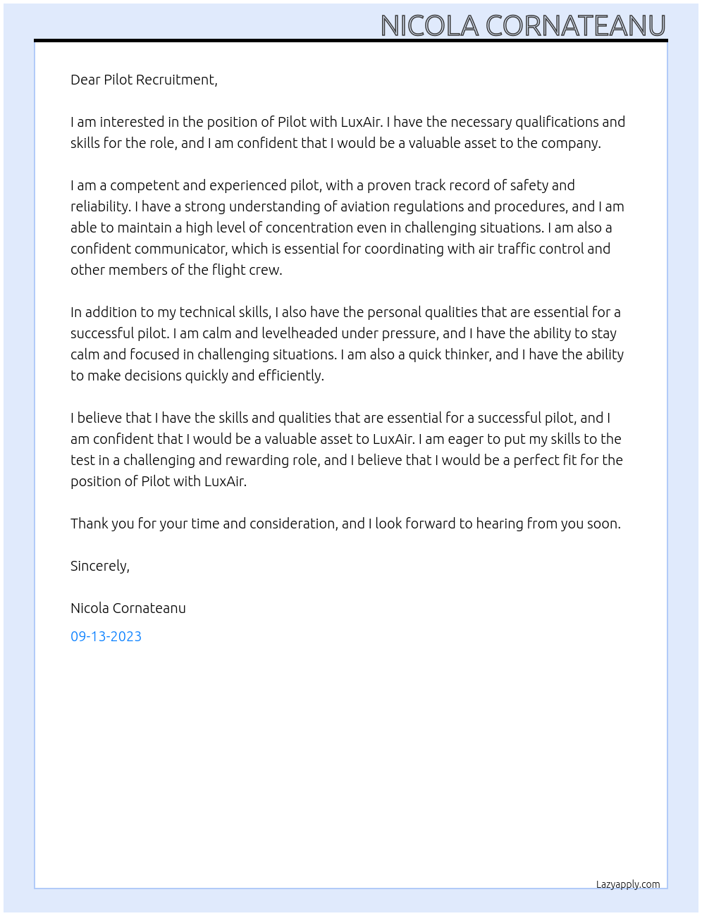 Pilot At LuxAir Cover Letter