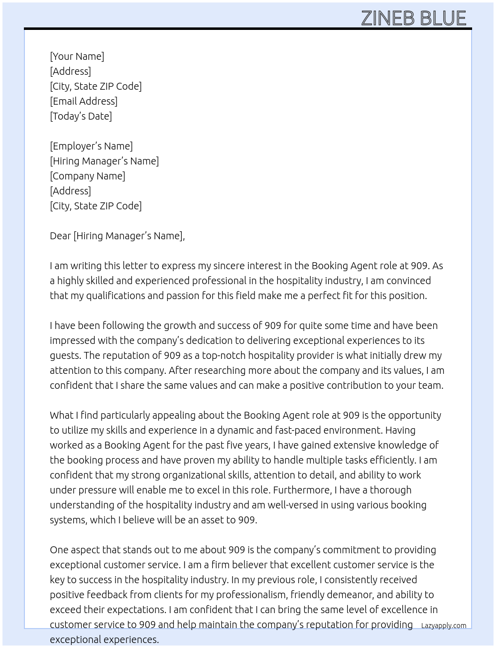 Booking agent At 909 Cover Letter