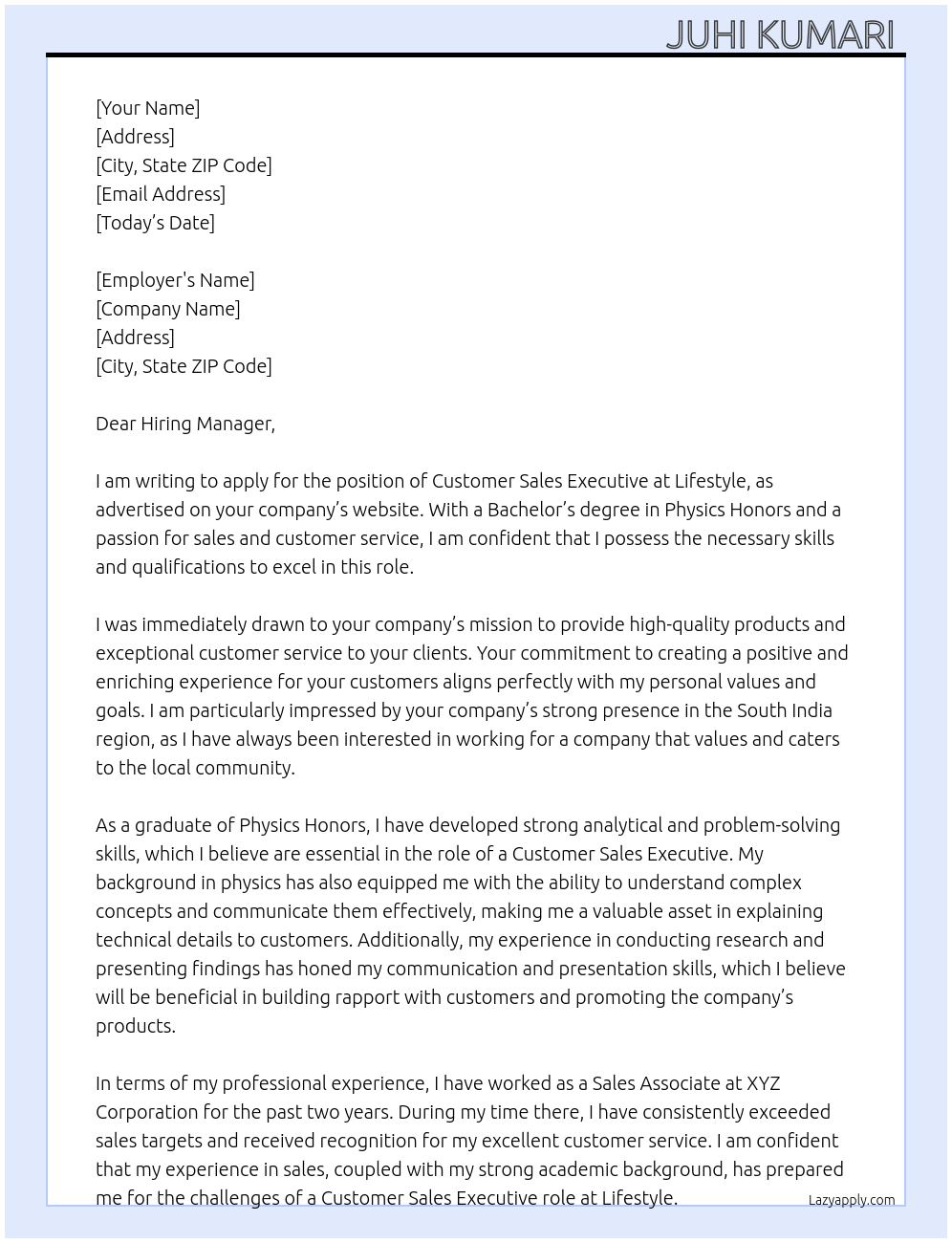 Customer sales executive  At Lifestyle  Cover Letter