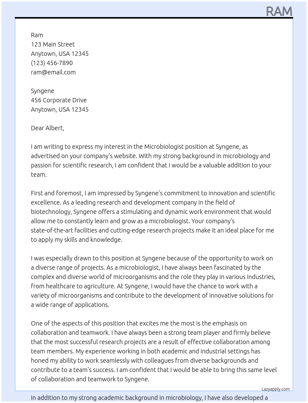 Microbiologist At Syngene Cover Letter