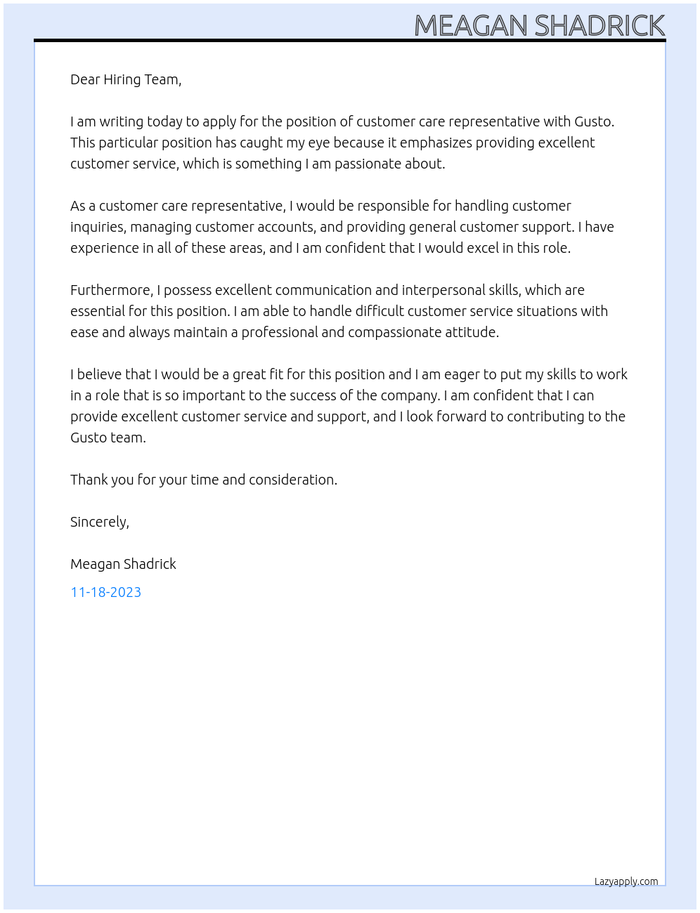 Customer care representative  At Gusto Cover Letter