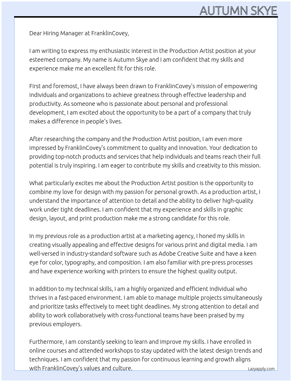Production Artist At FranklinCovey Cover Letter
