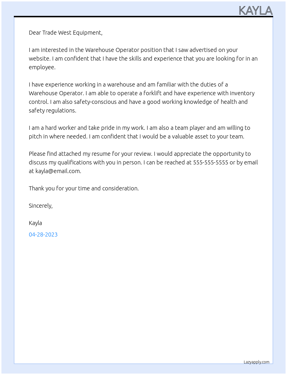 Warehouse Operator At Trade West Equipment Cover Letter