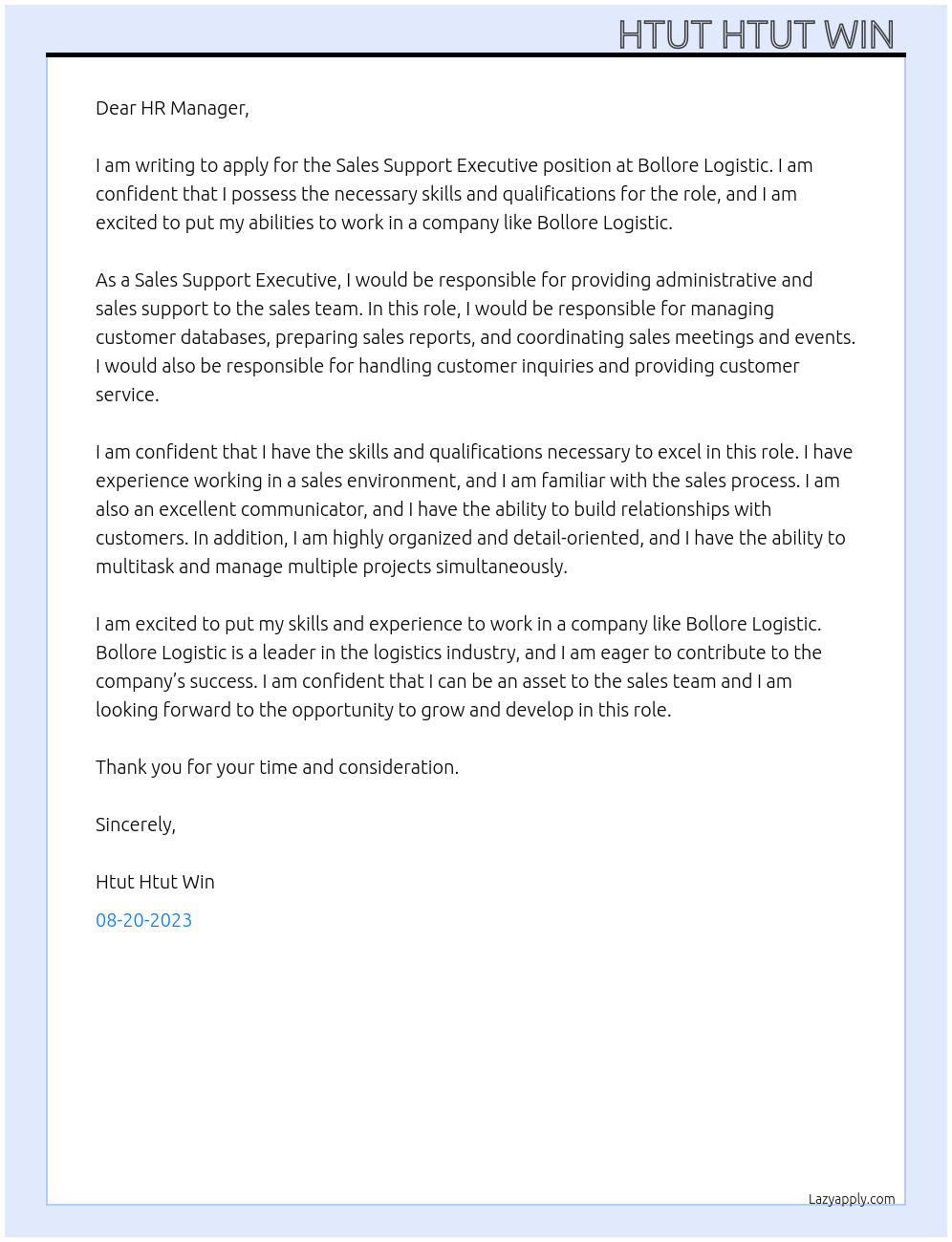 Sales Support Executive At Bollore Logistic Cover Letter