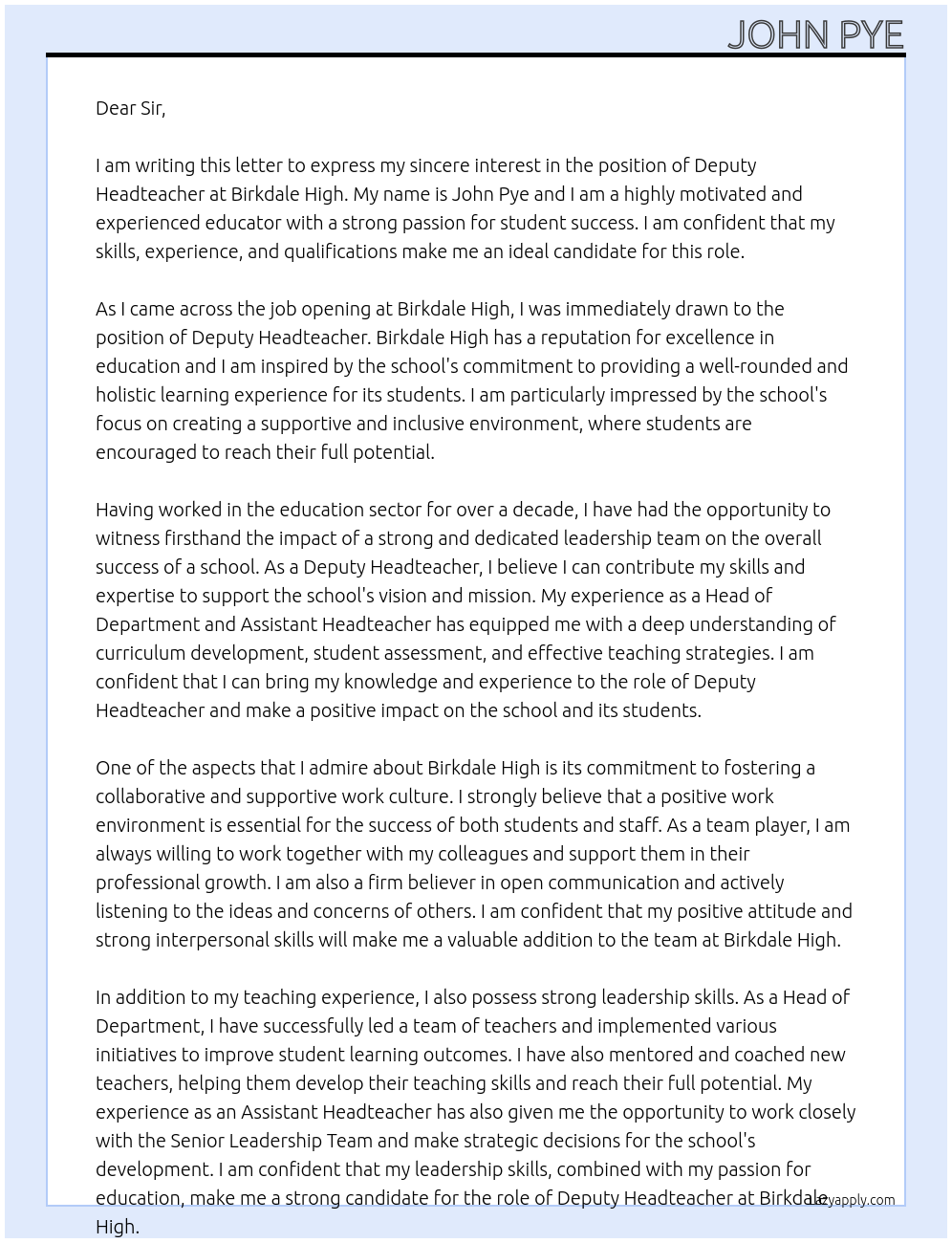 deputy headteacher At Birkdale High Cover Letter