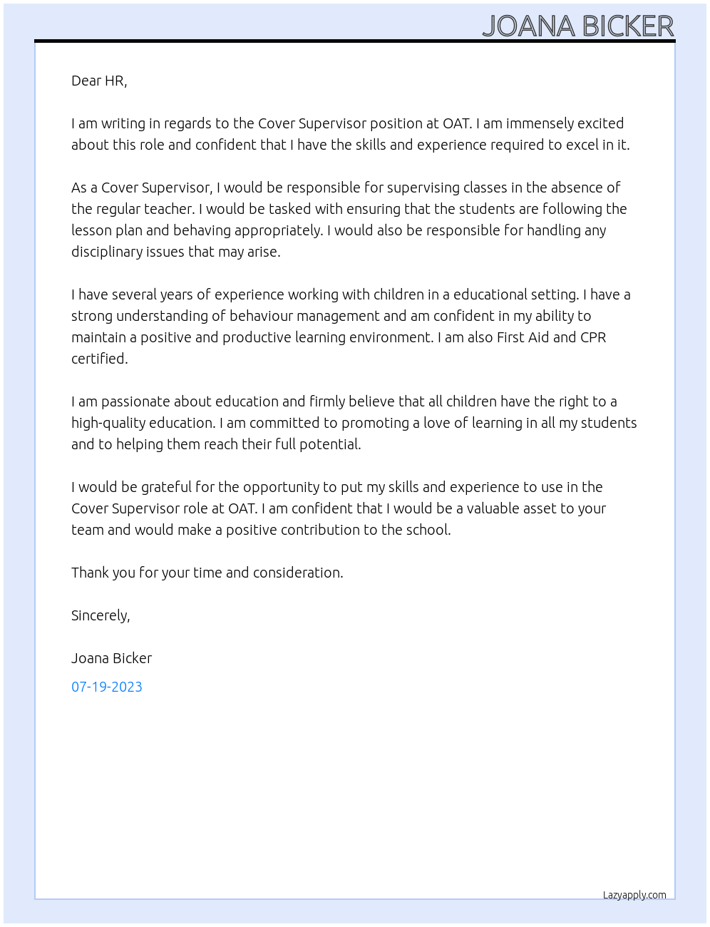 Cover Supervisor At OAT Cover Letter