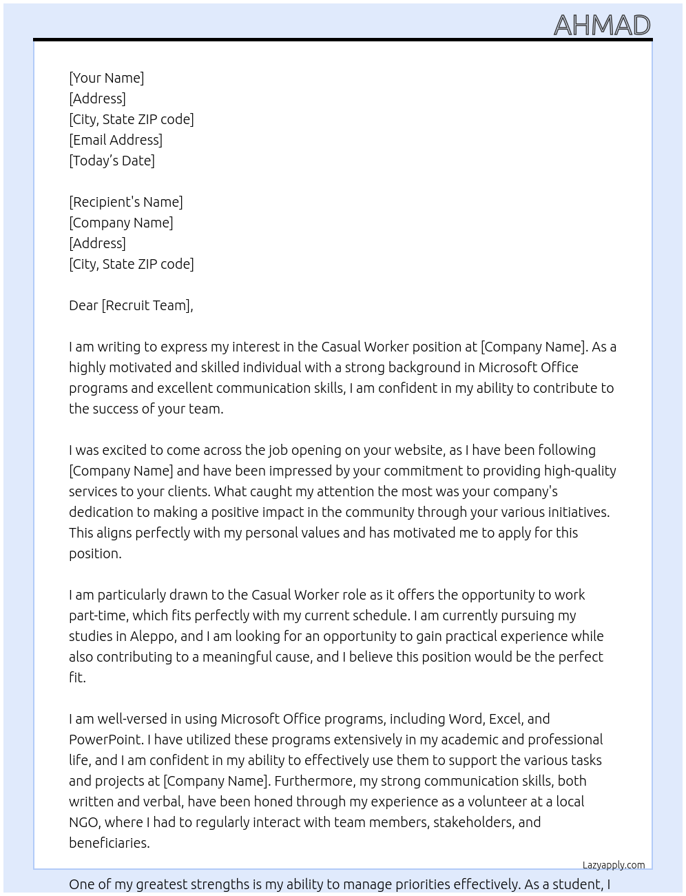 Casual worker At DRC Cover Letter