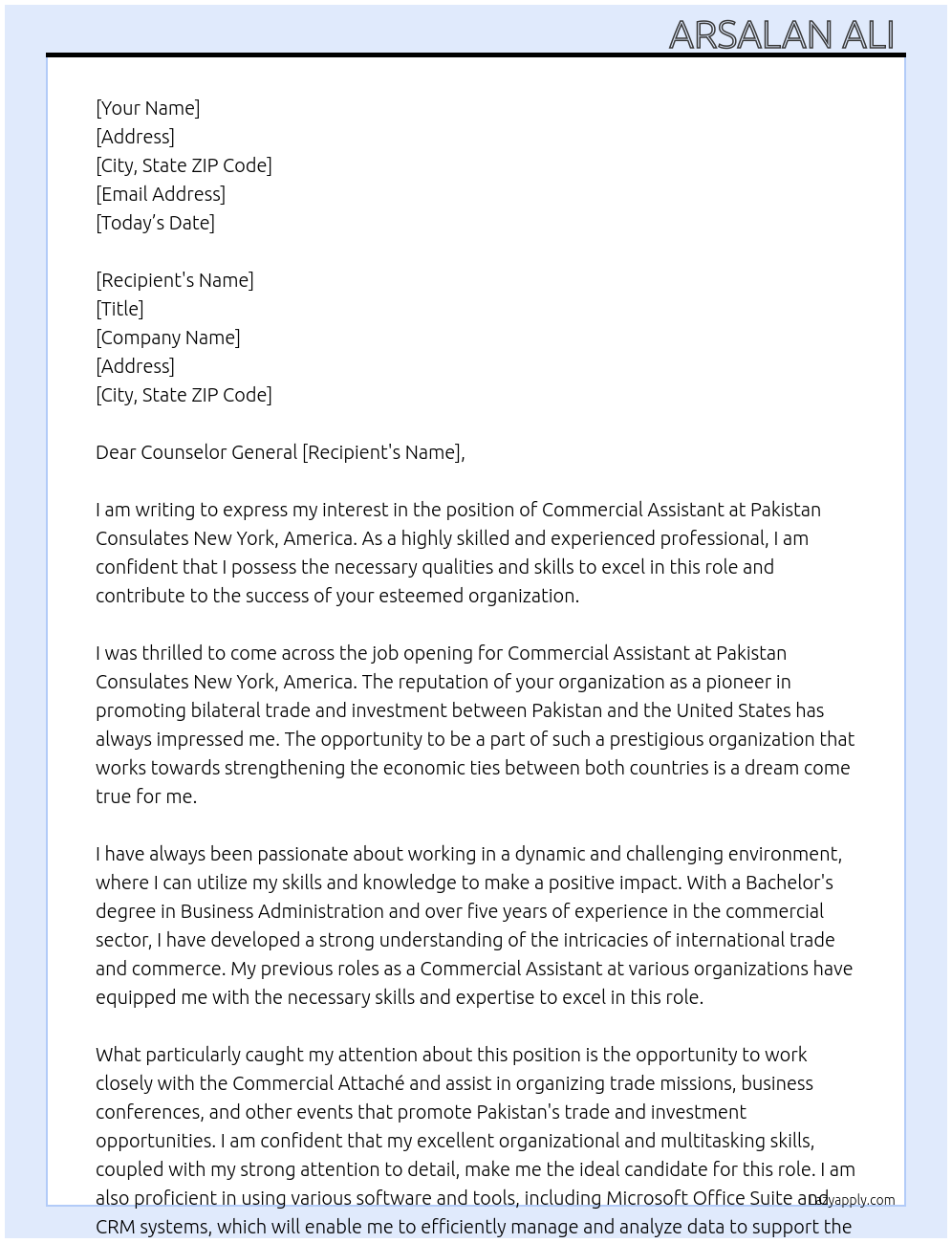 Commercial Assistant At Pakistan Consulates New York, America Cover Letter