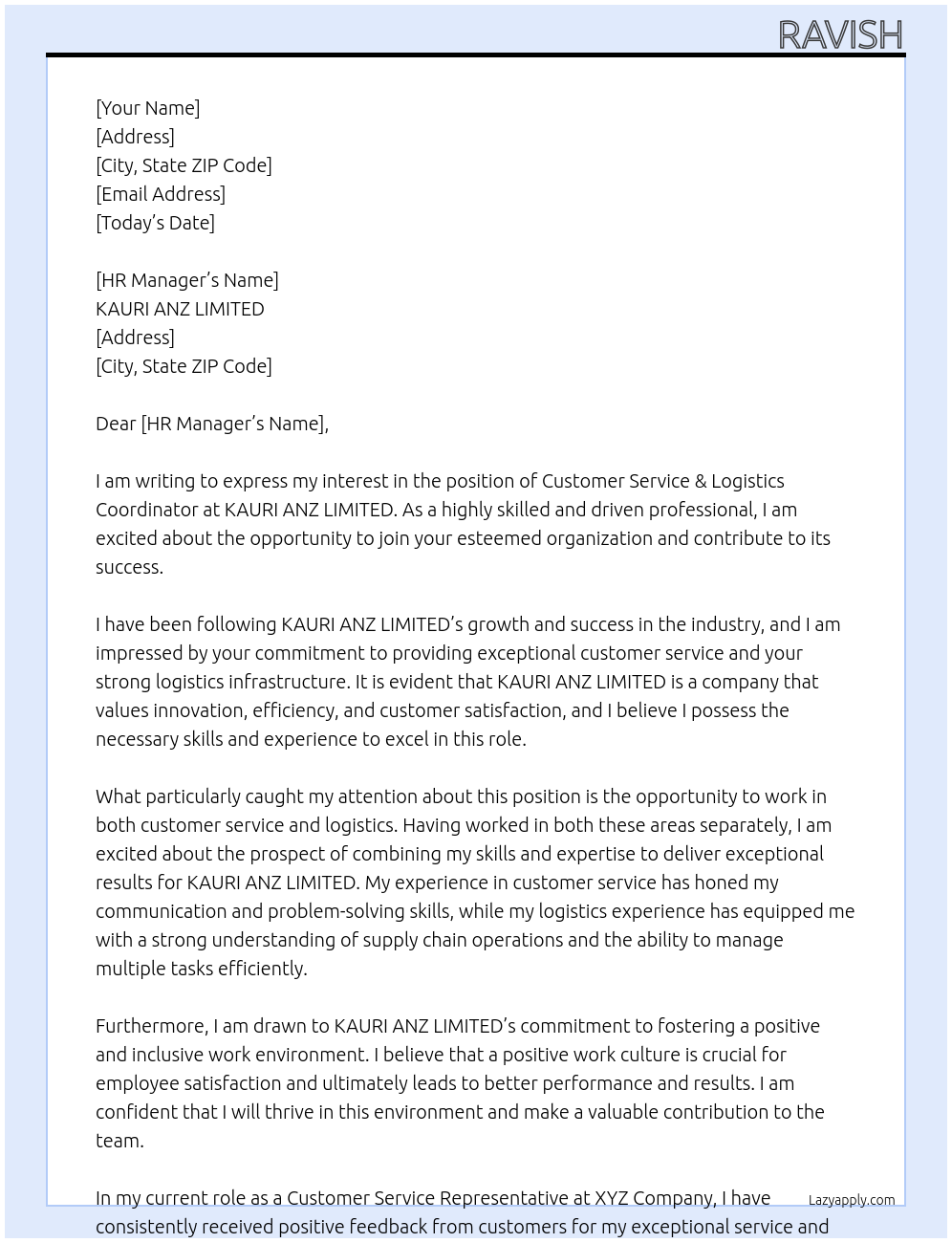 Customer Service & Logistics Coordinator At KAURI ANZ LIMITED Cover Letter