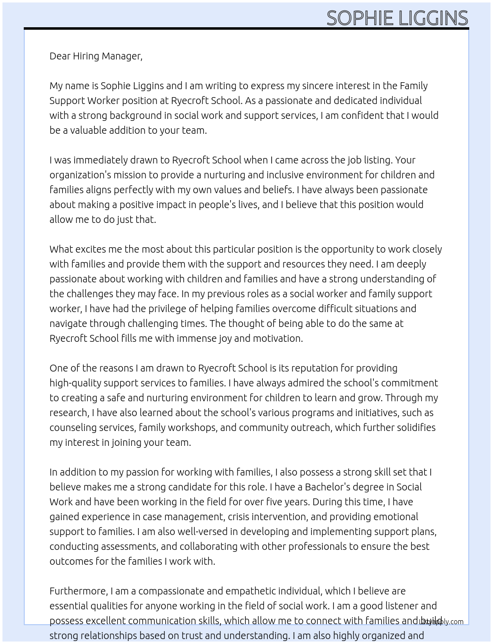 Family Support Worker At Ryecroft School Cover Letter