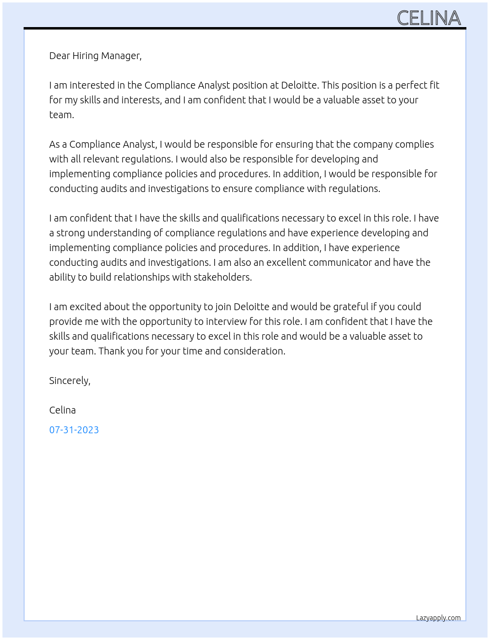 Compliance Analyst At Deloitte Cover Letter