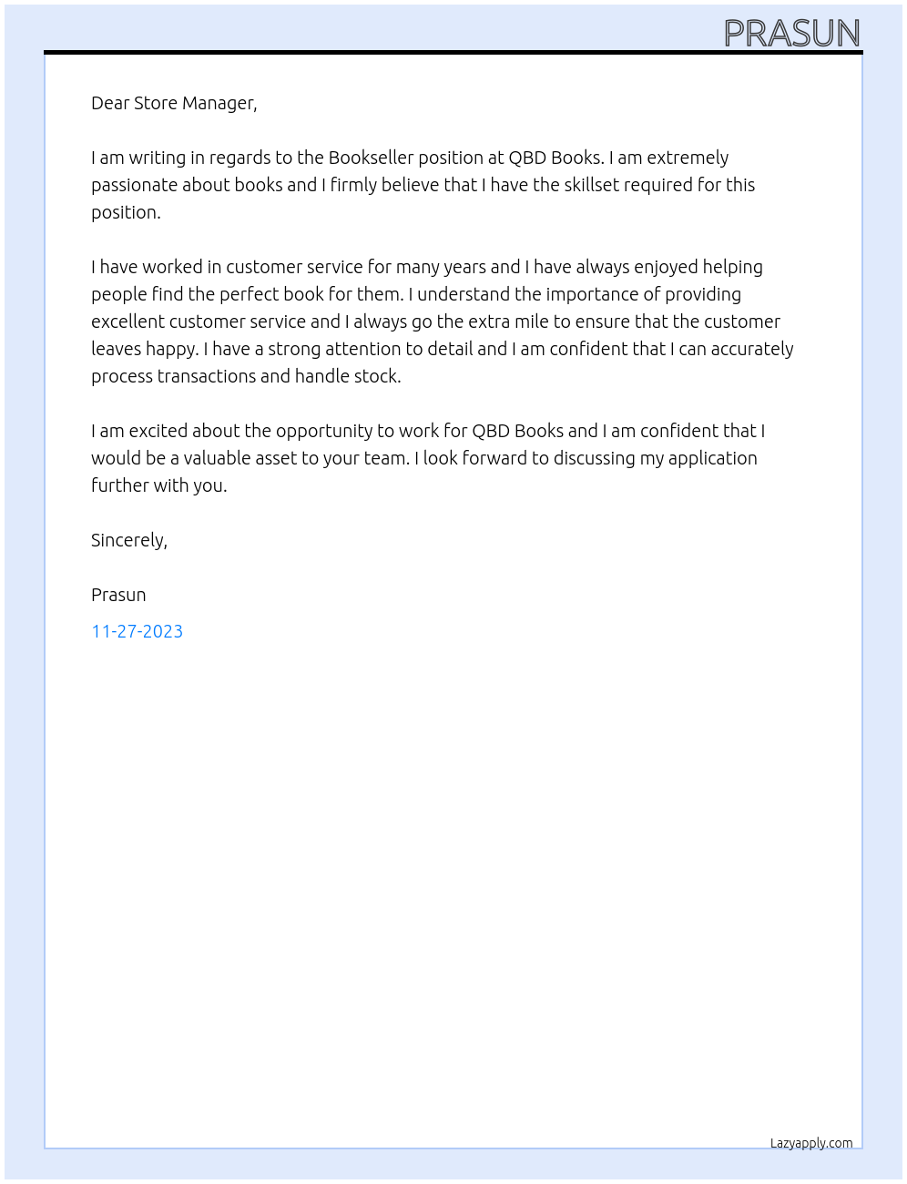 Bookseller At QBD Books Cover Letter