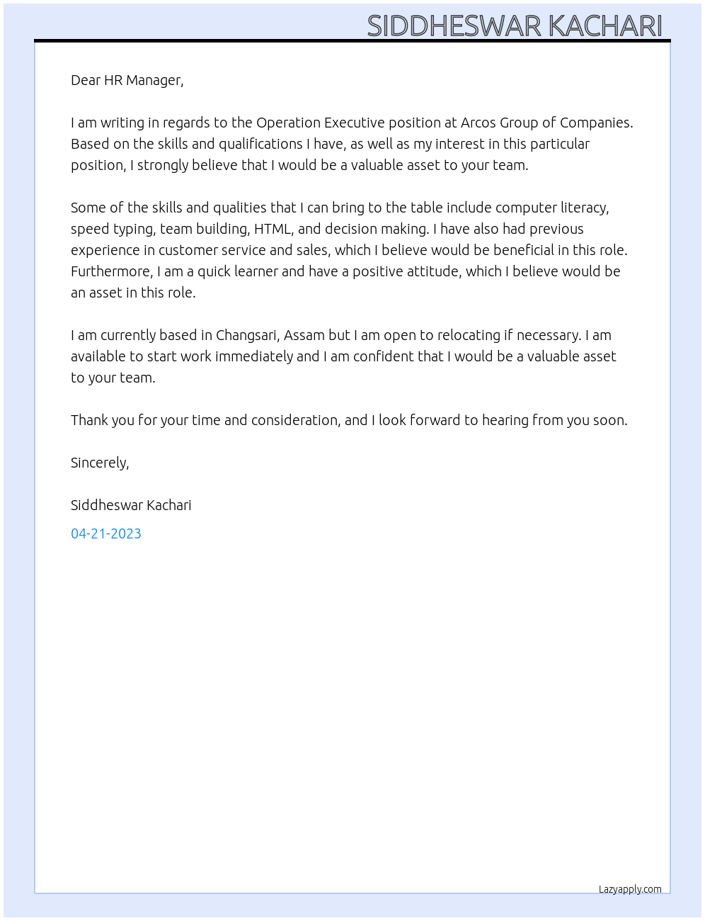 Operation executive  At Arcos group of companies  Cover Letter