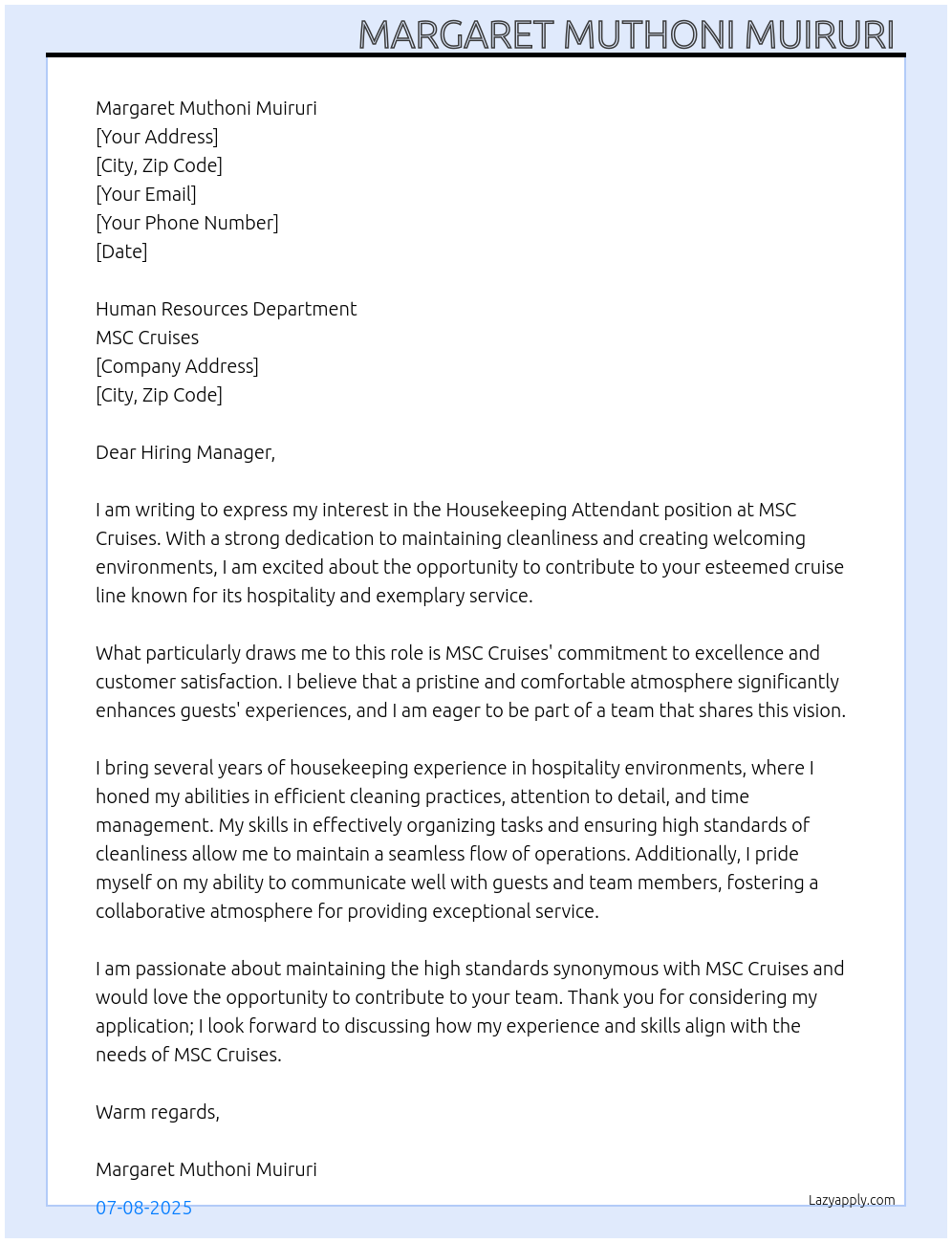 Housekeeping attendant  At MSC Cruises  Cover Letter