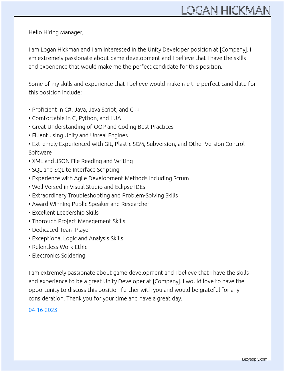 Unity Developer At [Company] Cover Letter