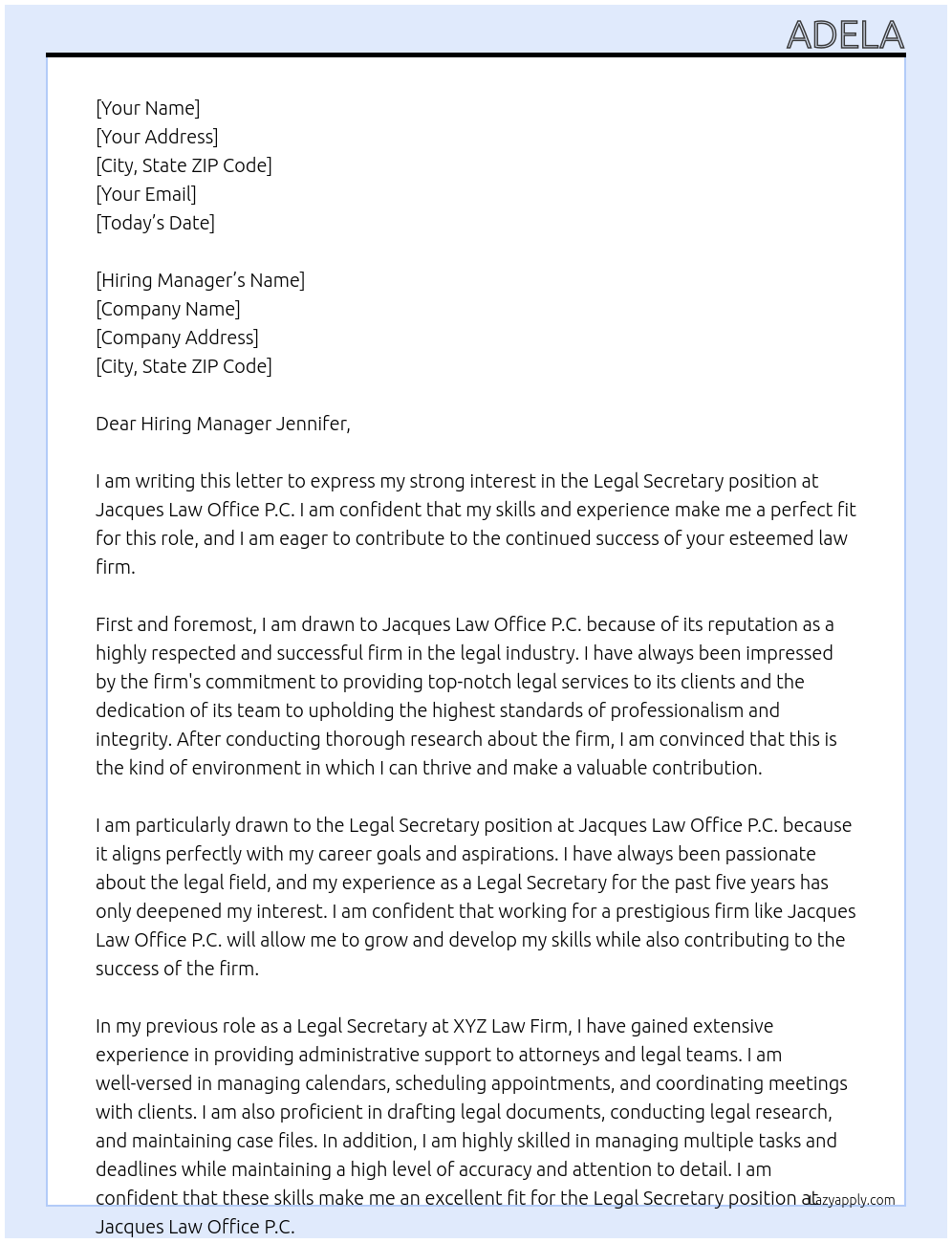 Legal Secretary At Jacques Law Office P.C. Cover Letter