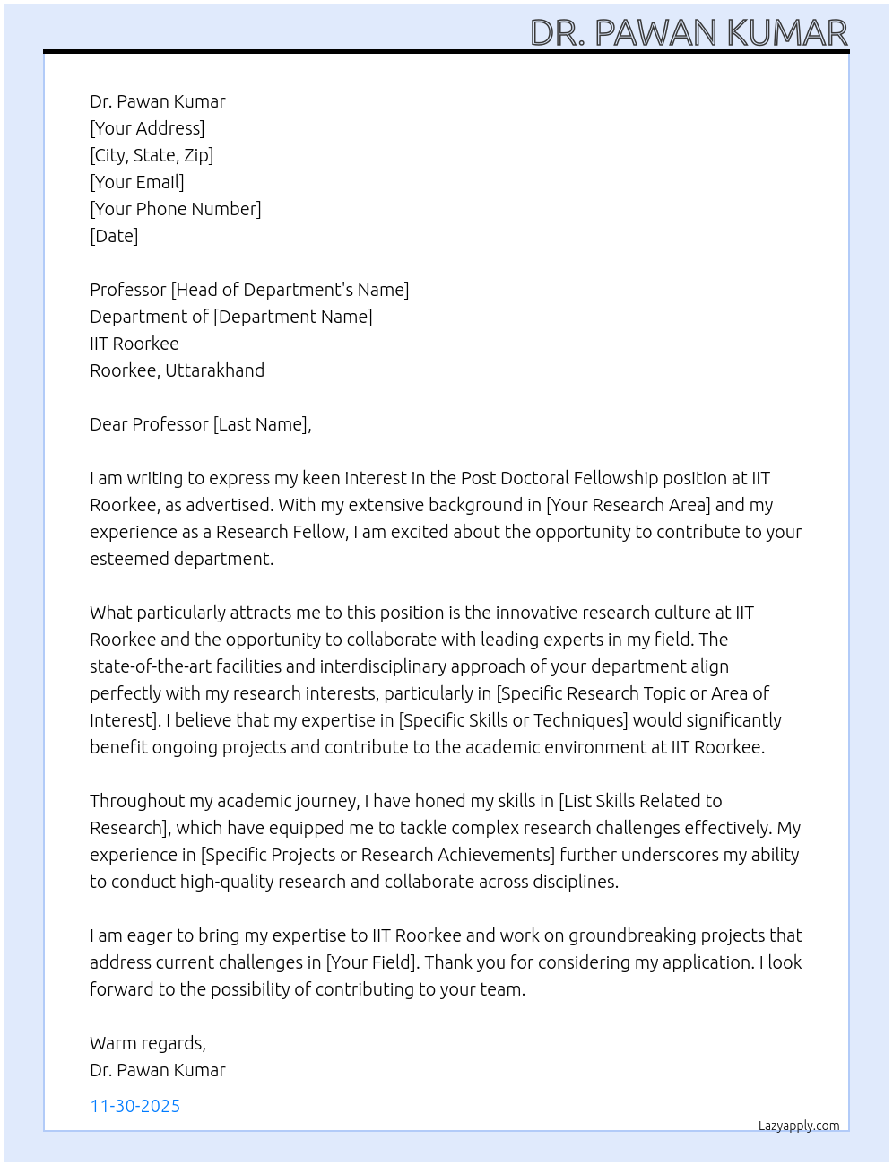 Post Doctoral Fellowship At IIT Roorkee Cover Letter