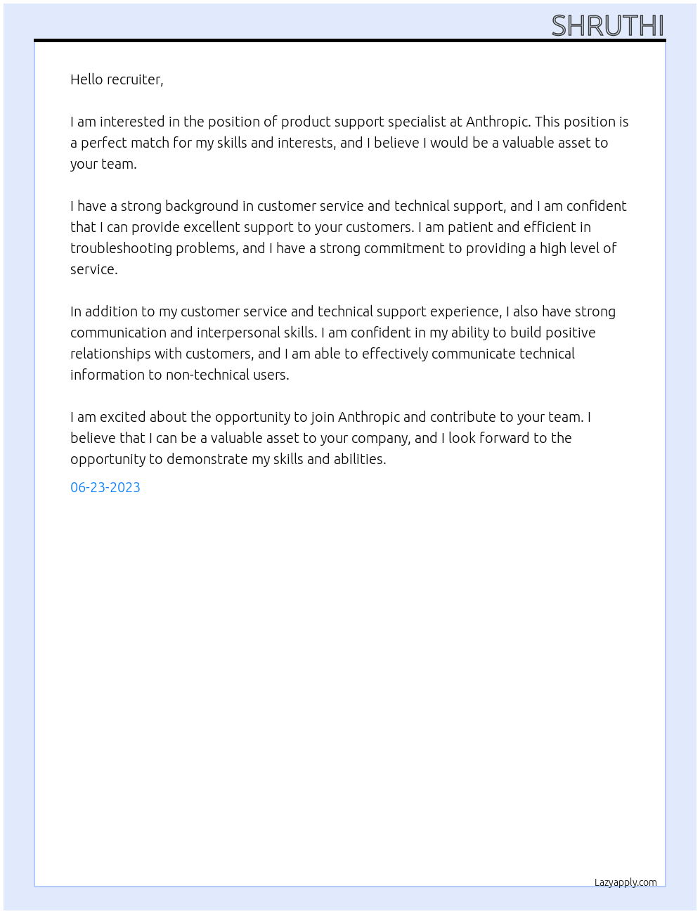 product support specialist At anthropic Cover Letter