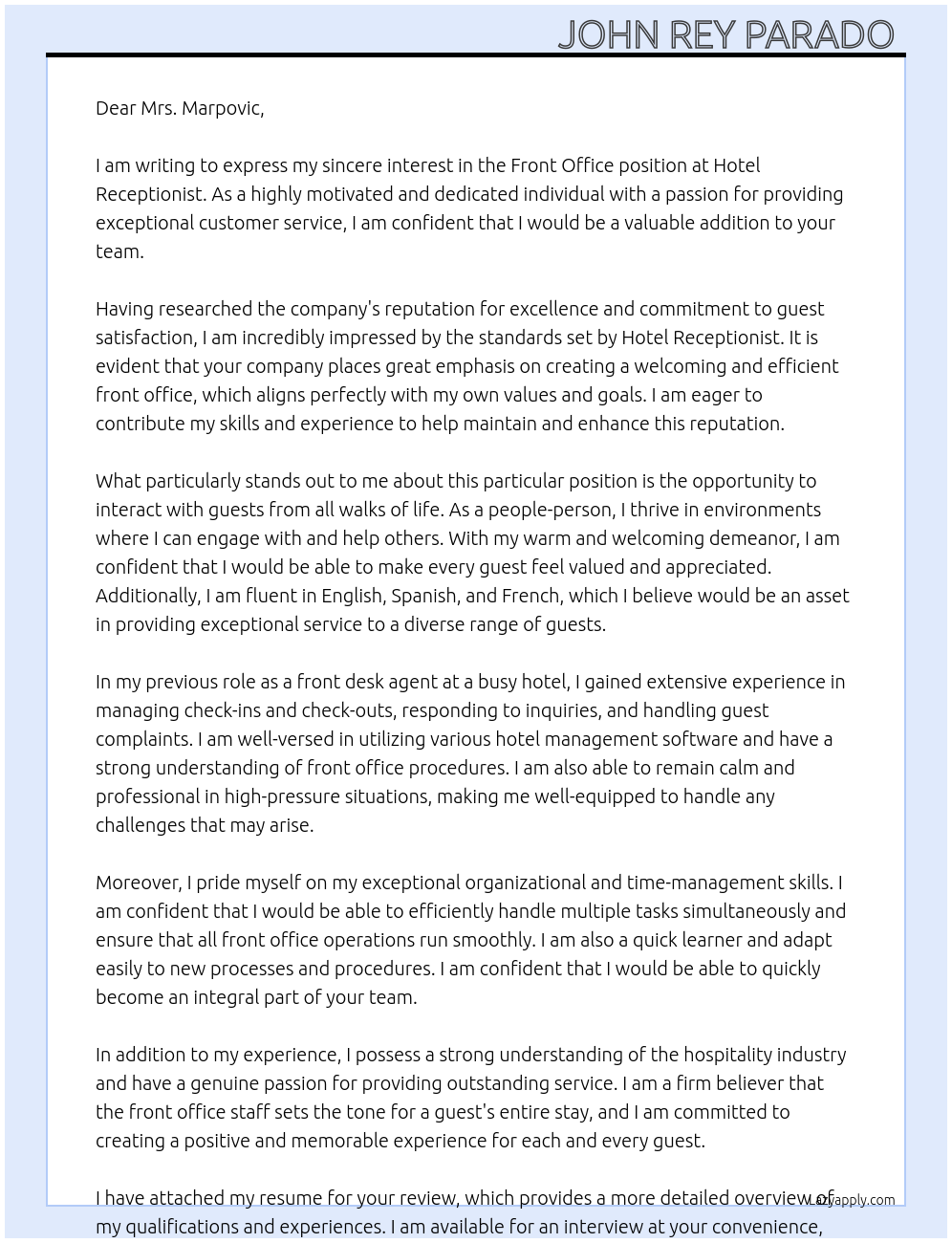 Front Office  At Hotel Receptionist  Cover Letter