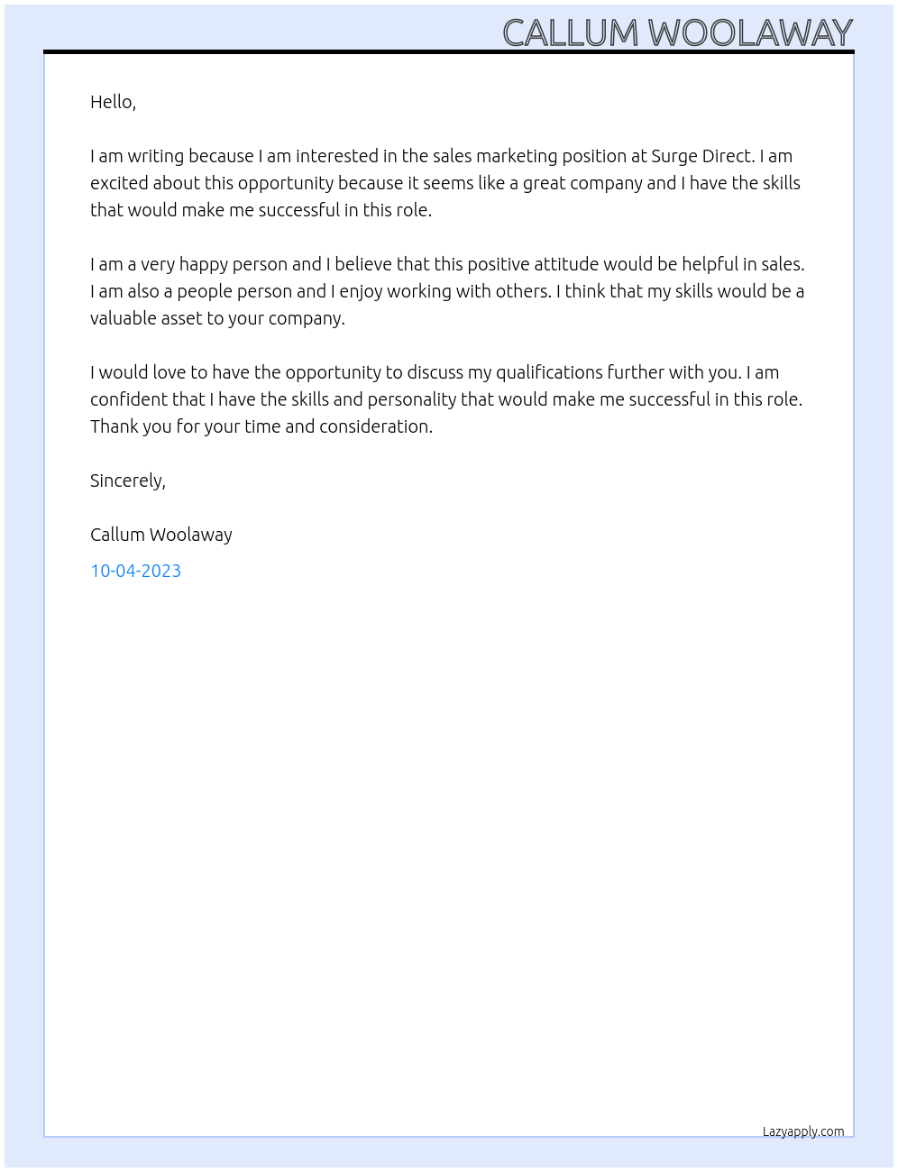 sales marketing At surge direct Cover Letter