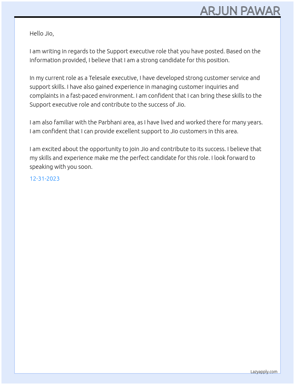 Support executive At Jio Cover Letter