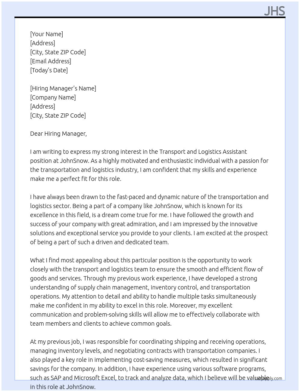 Transport and logistics assistant  At JohnSnow Cover Letter