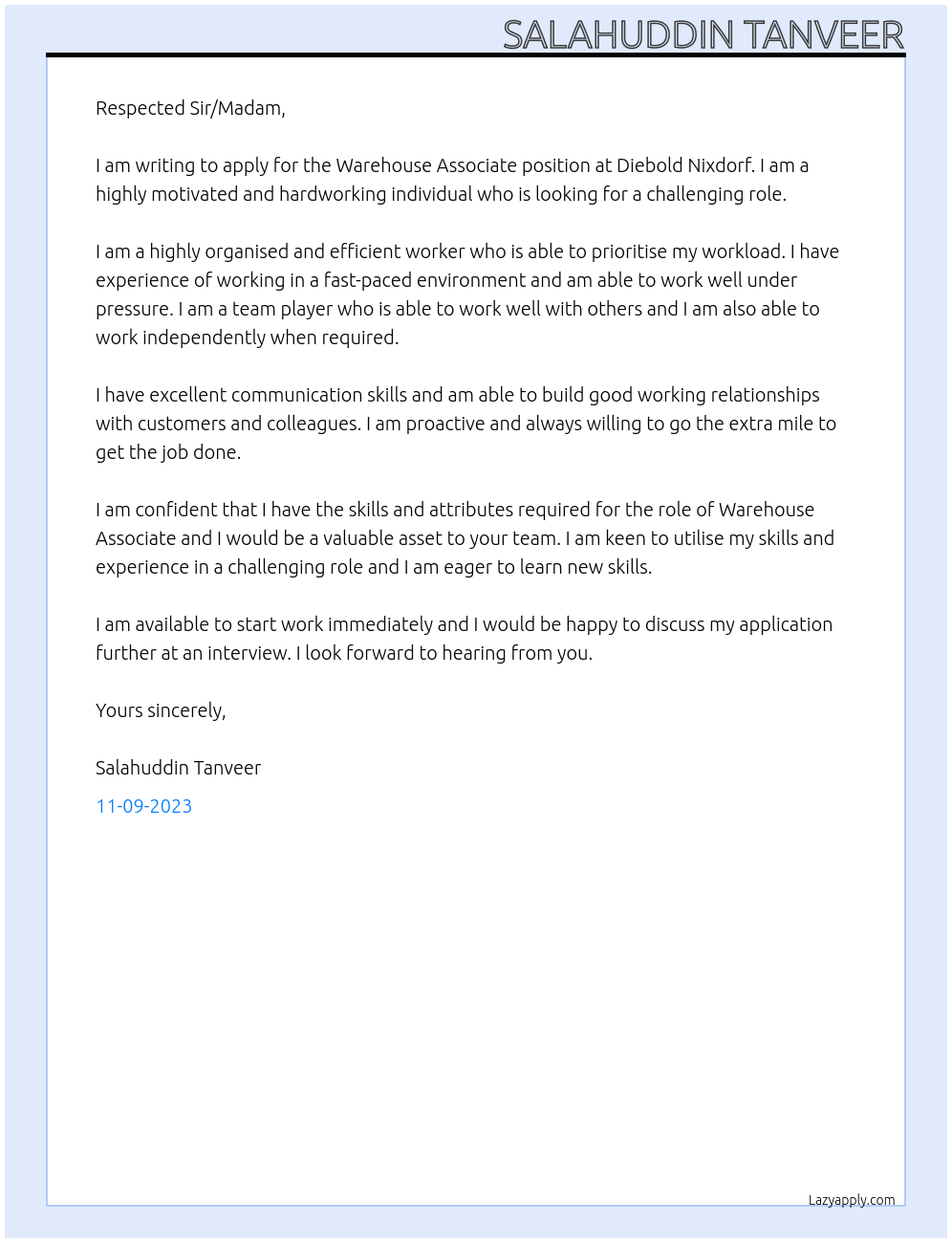 Warehouse Associate At Diebold Nixdorf  Cover Letter