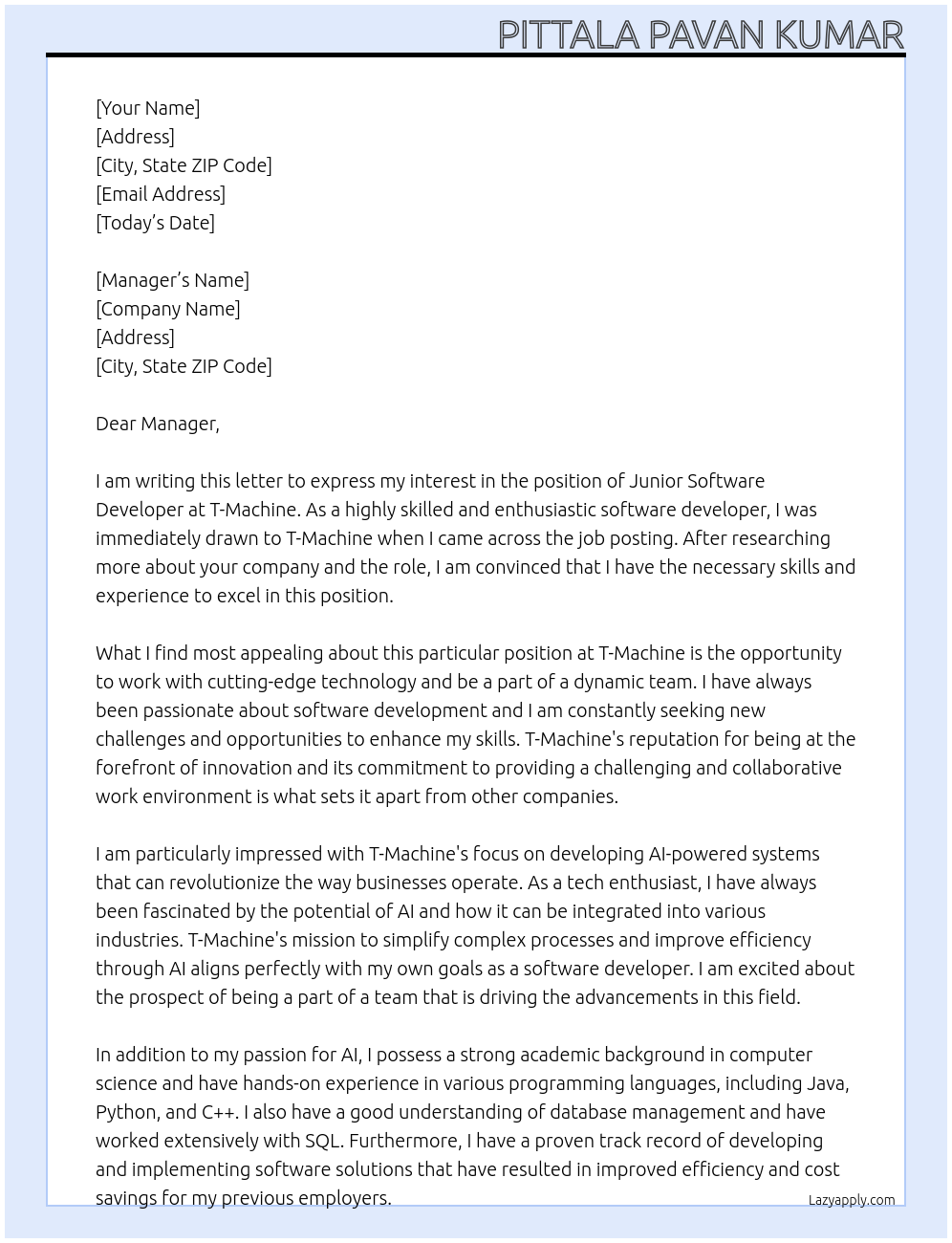 Junior Software Developer At T - Machine Cover Letter