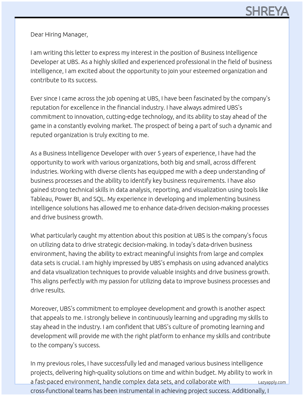 Business Intelligence Developer At UBS Cover Letter