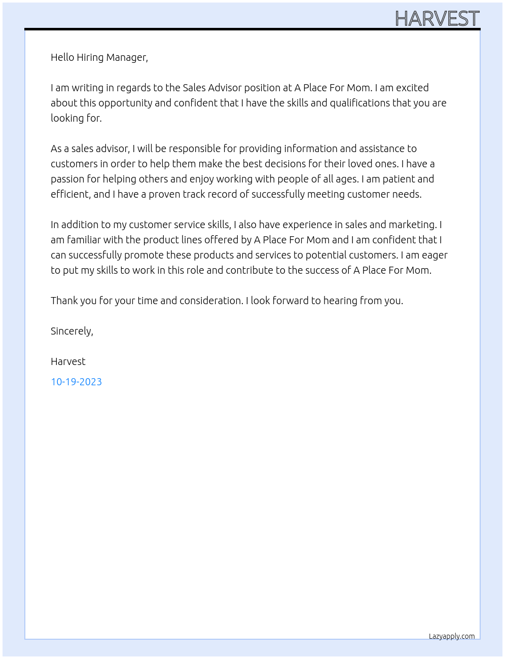 Sales Advisor At A Place For Mom Cover Letter