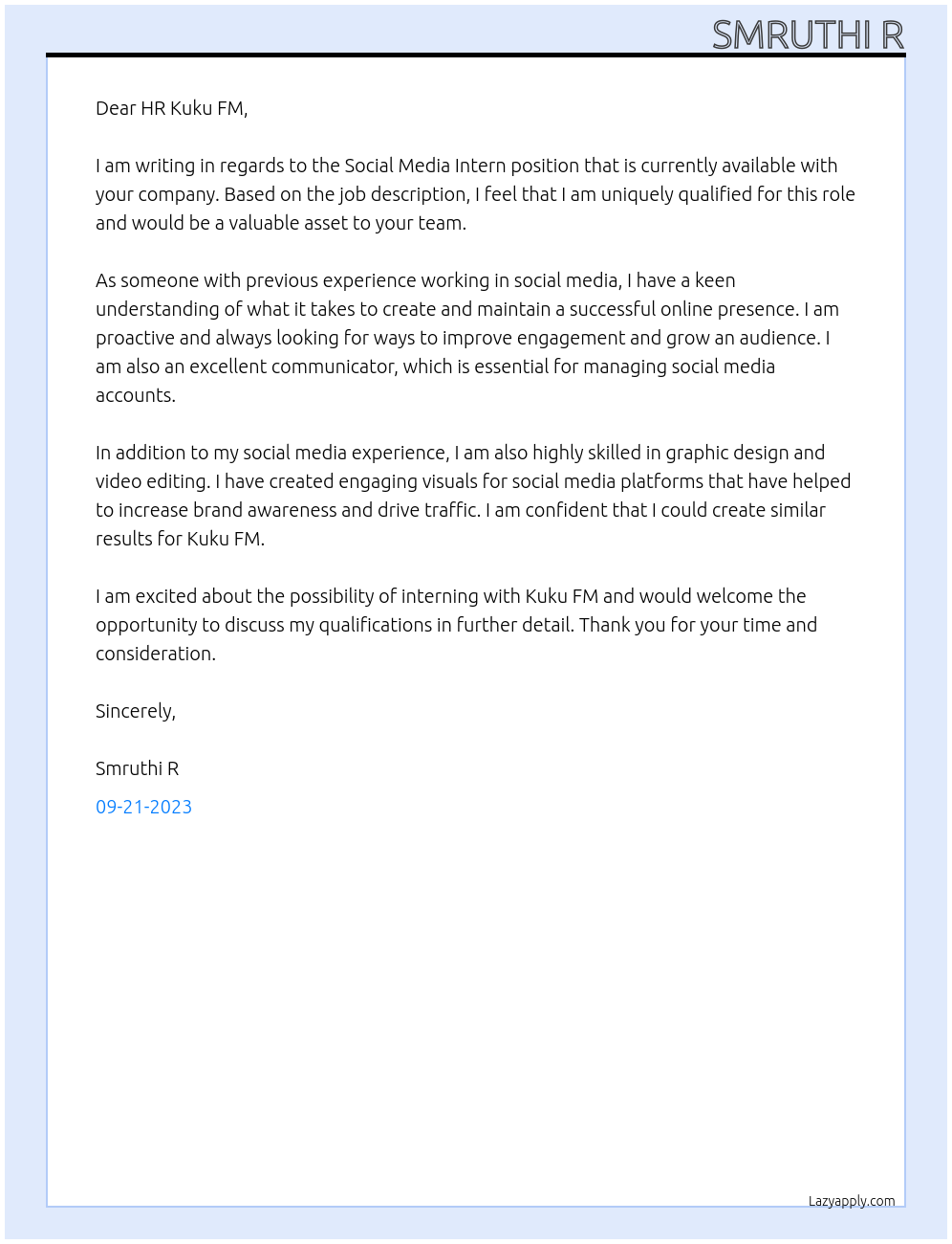 Social Media Intern At Kuku FM Cover Letter