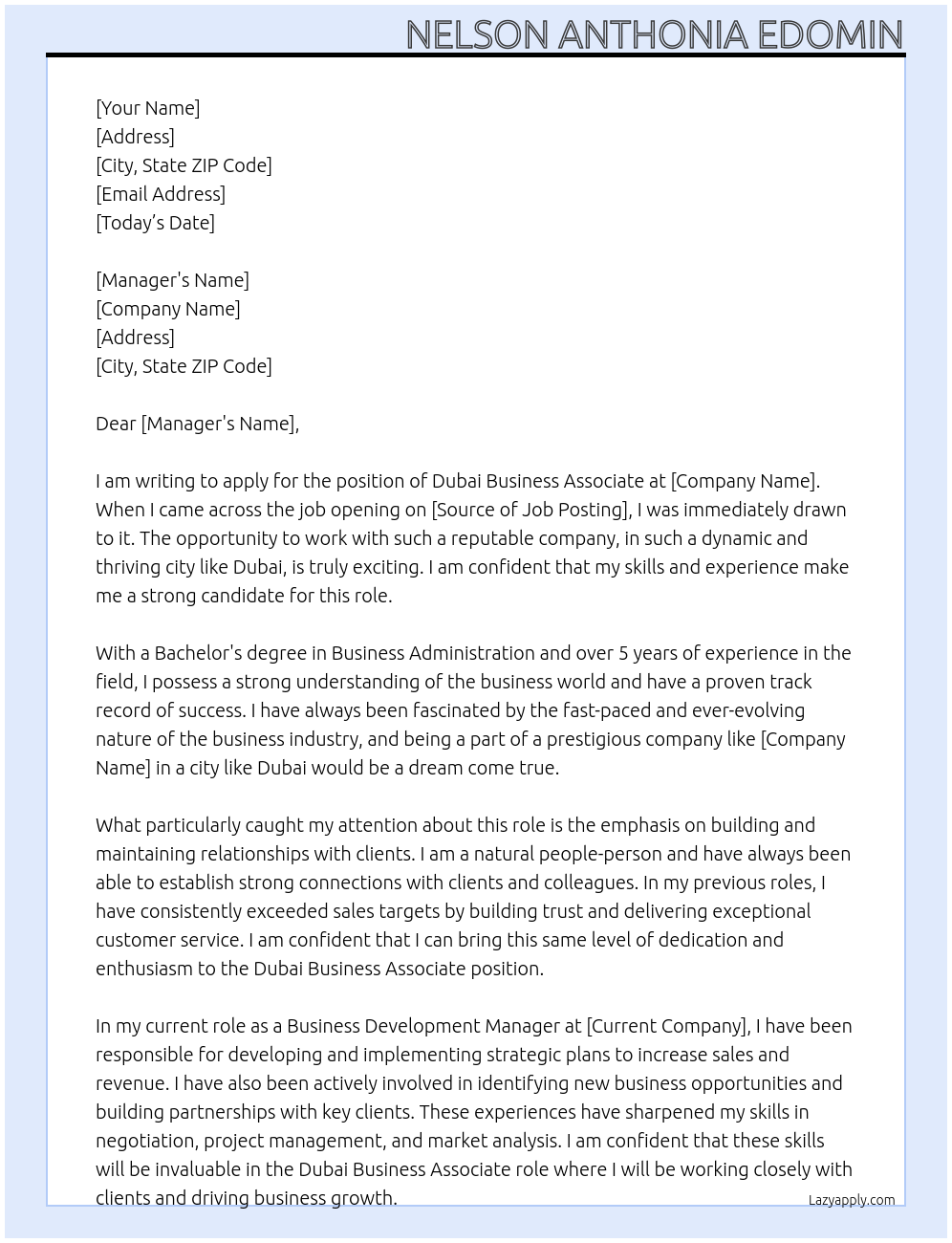 Cover letter for dubai business associate - LazyApply