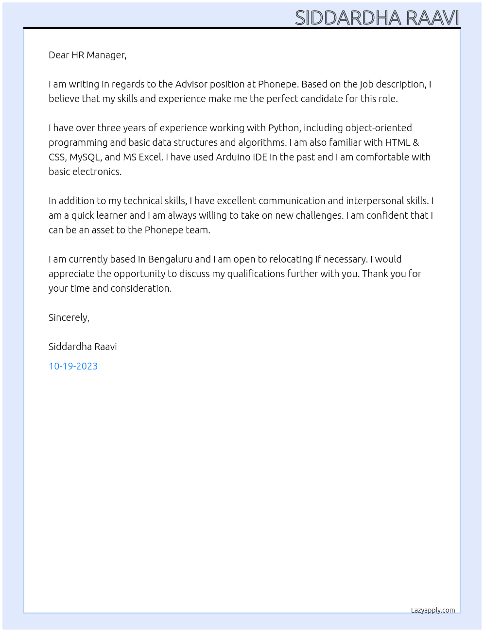 Advisor At phonepe Cover Letter