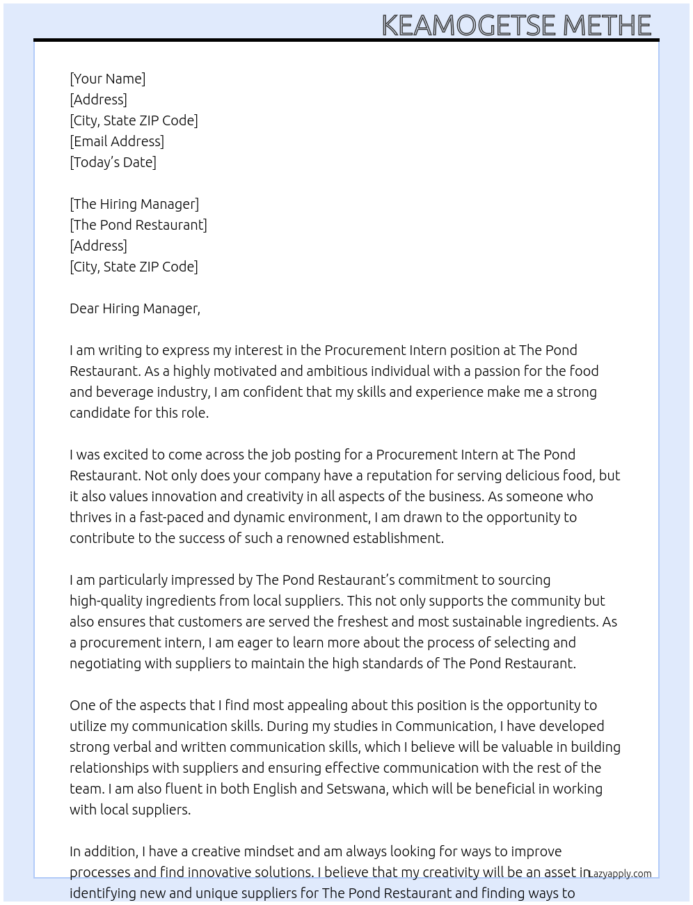 Procurement intern  At The Pond Restaurant  Cover Letter