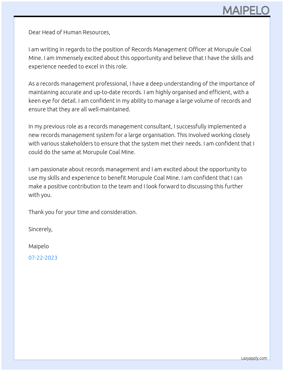 RECORDS MANAGEMENT OFFICER At Morupule Coal Mine Cover Letter