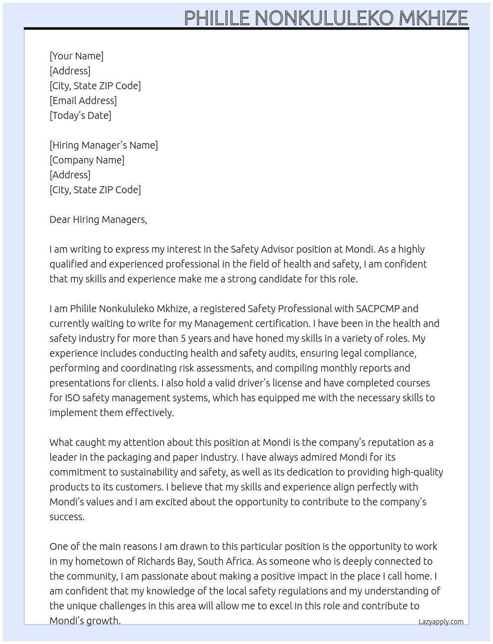 Safety Advisor At Mondi Cover Letter