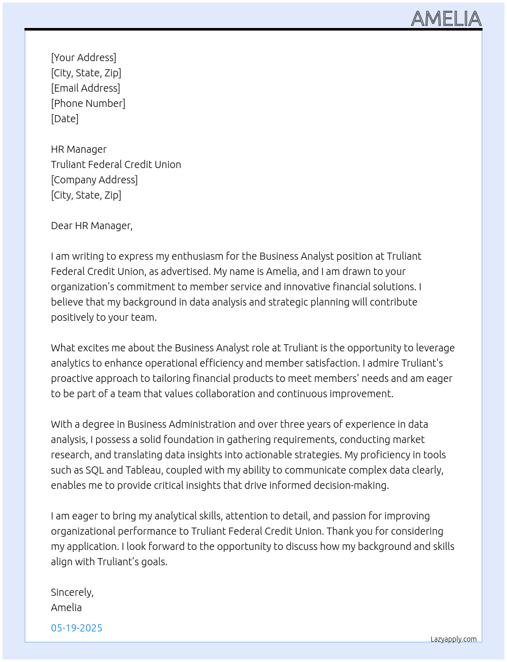 Business Analyst At Truliant Federal Credit Union Cover Letter