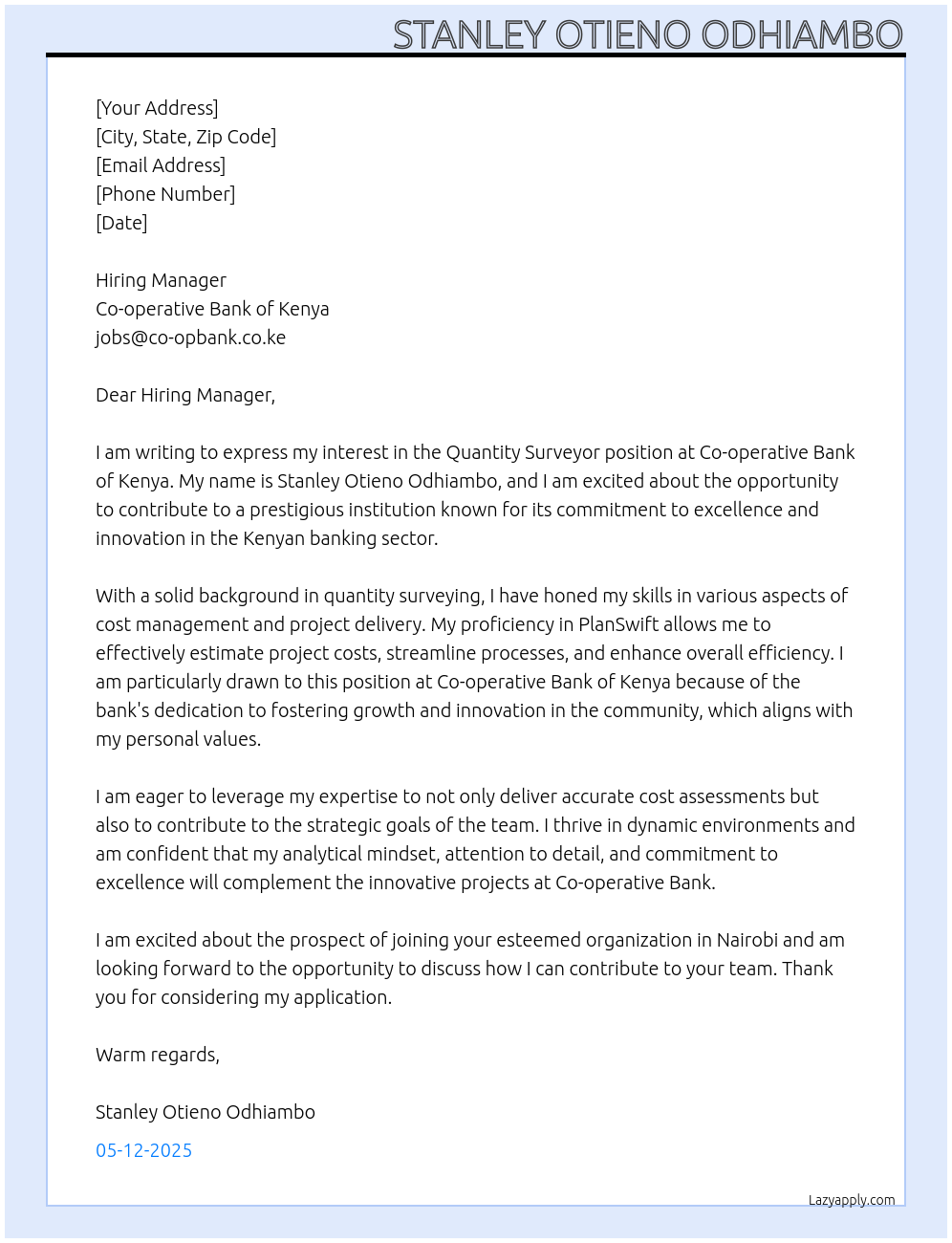 quantity surveyor At co-operative bank of kenya.co.ke Cover Letter