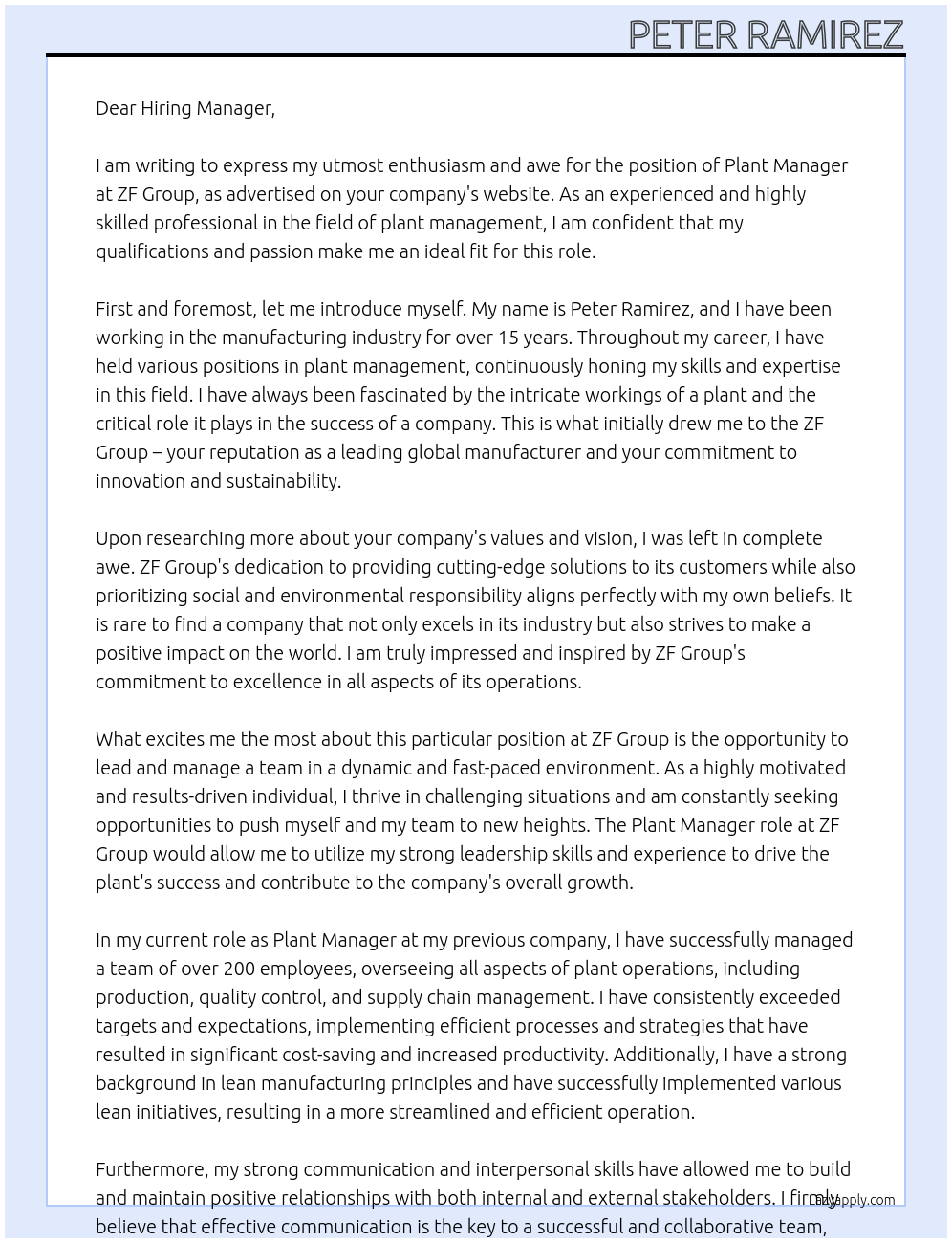 Plant Manager At ZF Group Cover Letter