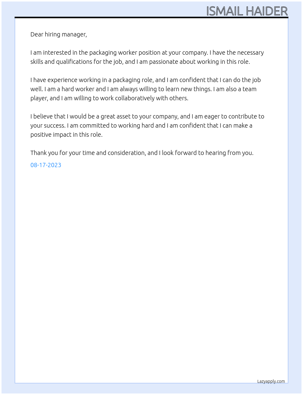 packaging worker At . Cover Letter