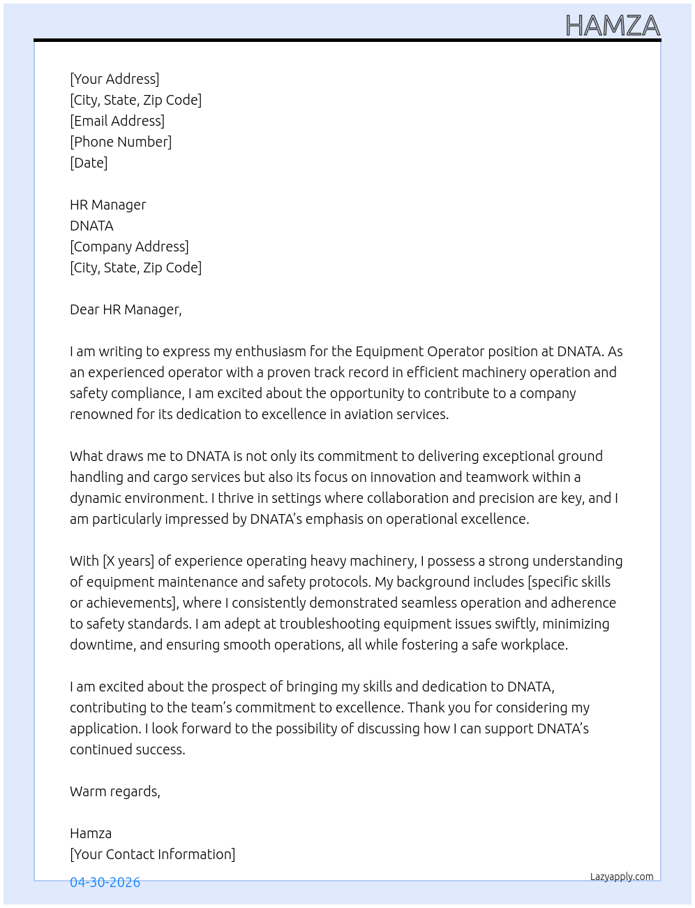 EQUIPMENT OPERATOR At DNATA Cover Letter