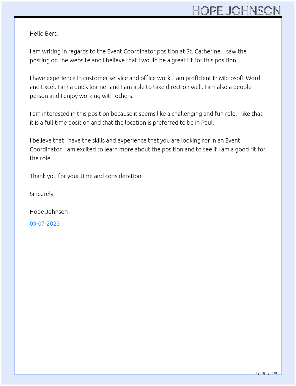 Event Coordinator At St. Catherine Cover Letter