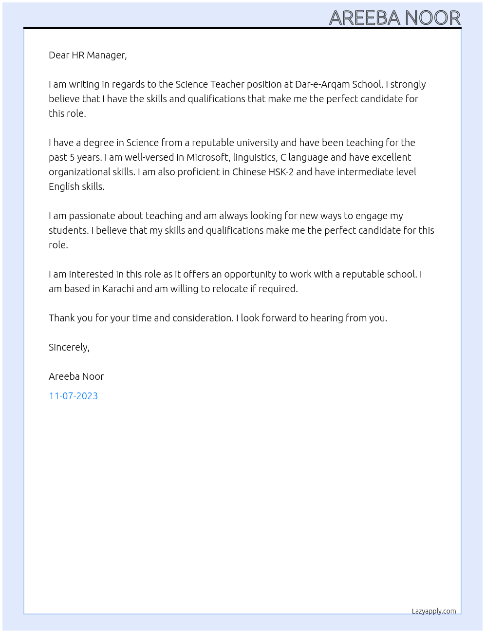 Science Teacher At Dar-e-Arqam School Cover Letter