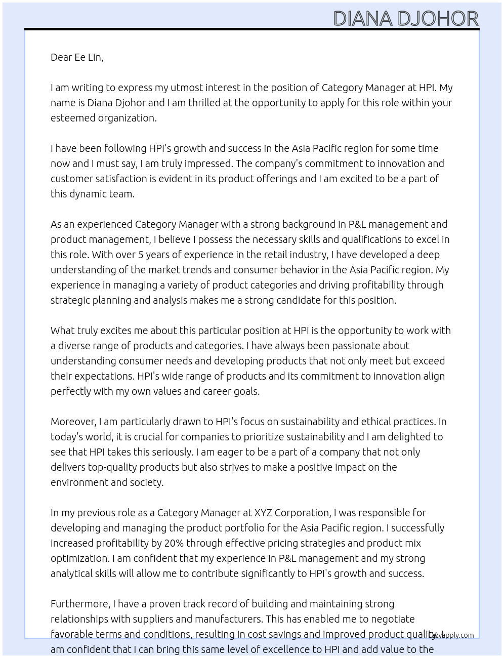 Category Manager At HPI Cover Letter