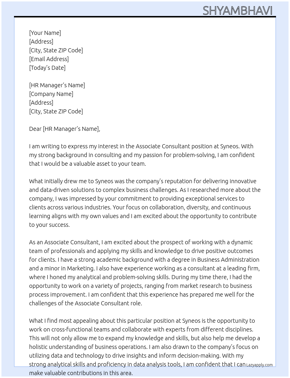 Associate consultant At Syneos Cover Letter