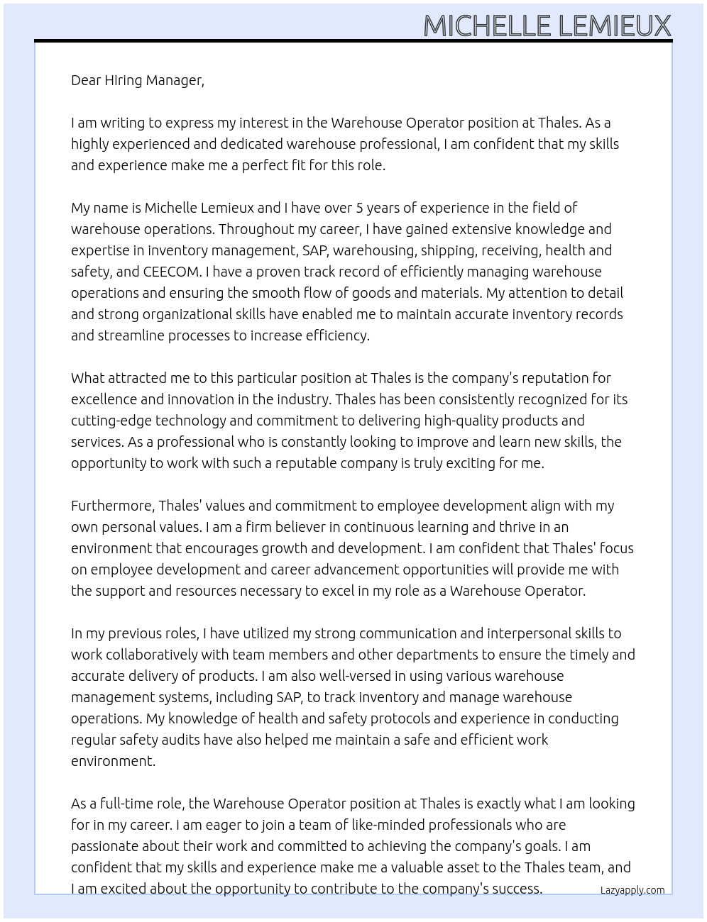 Warehouse Operator At Thales Cover Letter