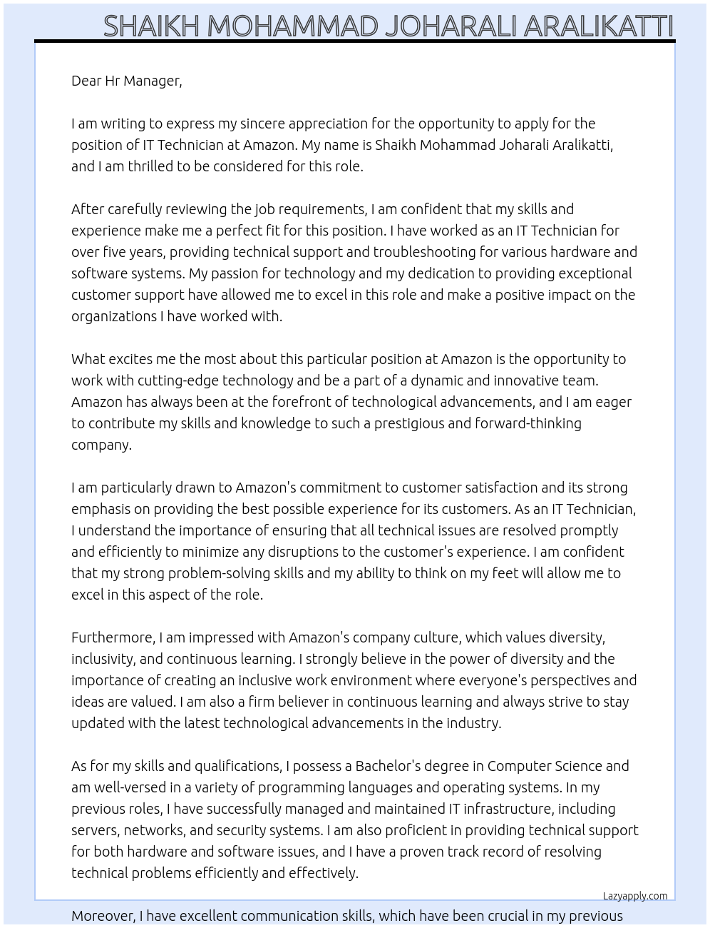 IT Technician At Amazon Cover Letter